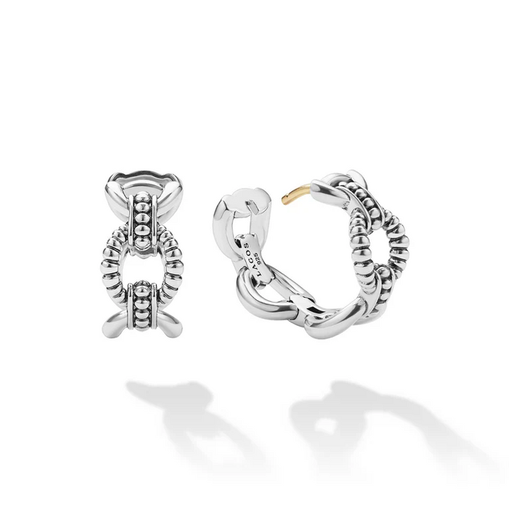 Sterling Silver Caviar Link Oval Hoop Earrings