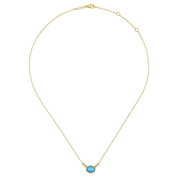 A yellow-gold Oval Rock Crystal Turquoise and Diamond Pendant Necklace in the middle of a white background. The necklace features an oval turquoise center stone, four bezel-set round diamonds, and twisted detailing.