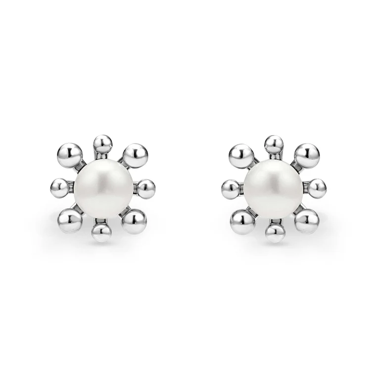 Sterling Silver Fleur Pearl Stud Earrings