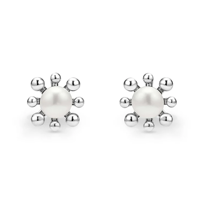Sterling Silver Fleur Pearl Stud Earrings