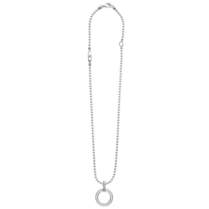 A sterling silver necklace featuring a diamond circle pendant against a white background and showing the clasp at the top against a white background.