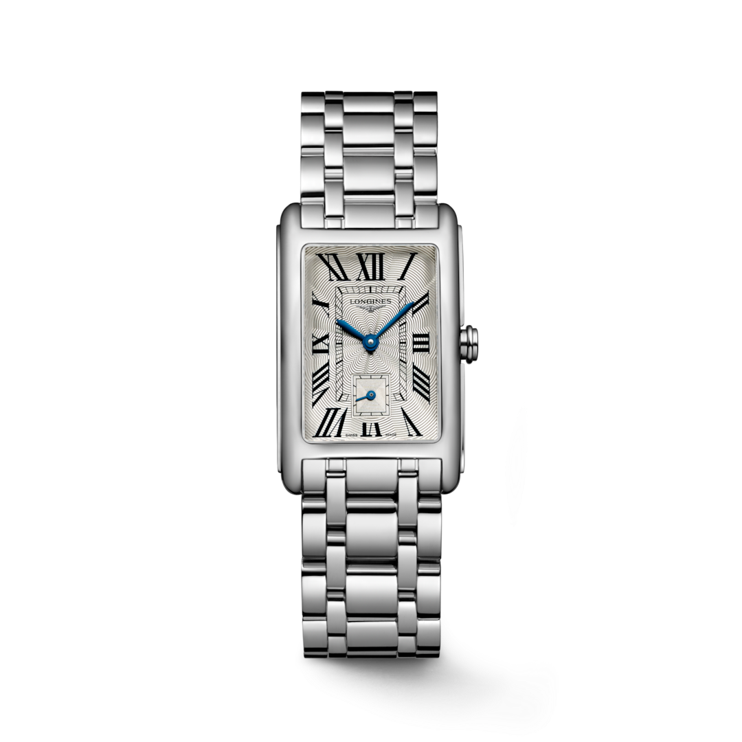 A Longines watch is displayed in the middle on a transparent background. The rectangular-shaped watch features a white dial, blue hands, black markers, a stainless steel bezel, and a stainless steel bracelet.