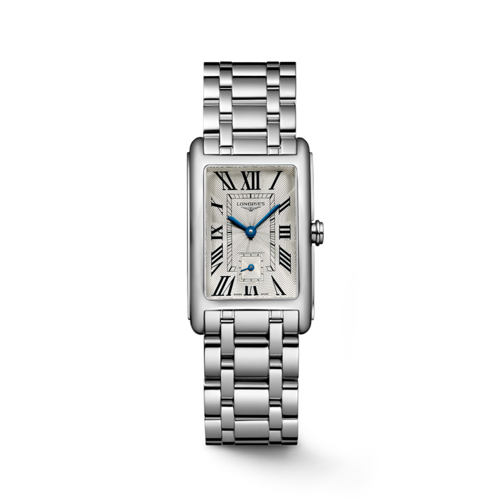 A Longines watch is displayed in the middle on a transparent background. The rectangular-shaped watch features a white dial, blue hands, black markers, a stainless steel bezel, and a stainless steel bracelet.