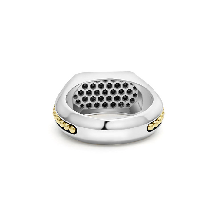 A back-view of a Sterling Silver & 18K Gold ring in the middle of a white background, featuring black diamonds accented by sterling silver and 18K gold Caviar beading