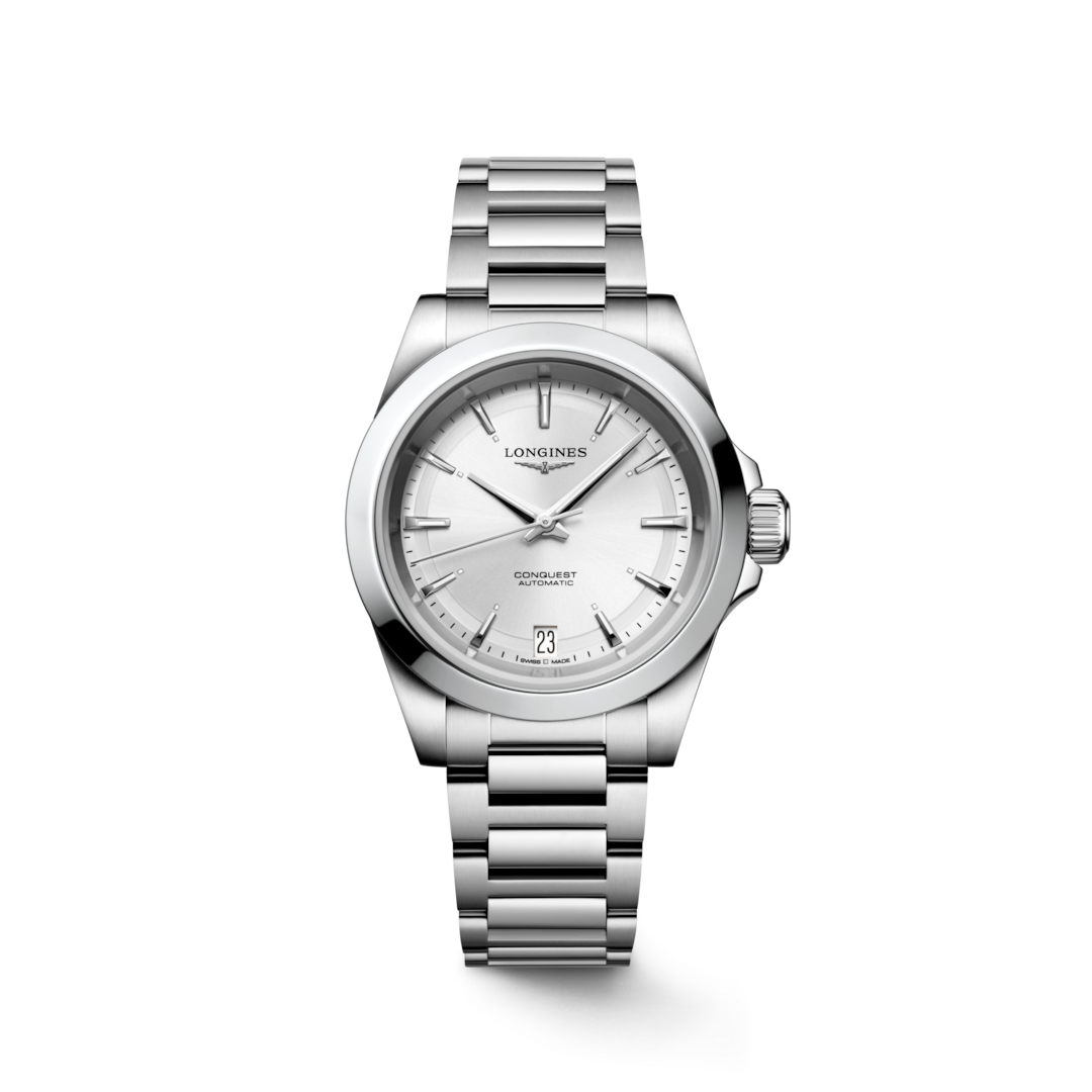 A Longines watch is displayed in the middle on a transparent background. The watch features a silver dial, silver hands and markers, a stainless steel bezel, and a stainless steel bracelet.