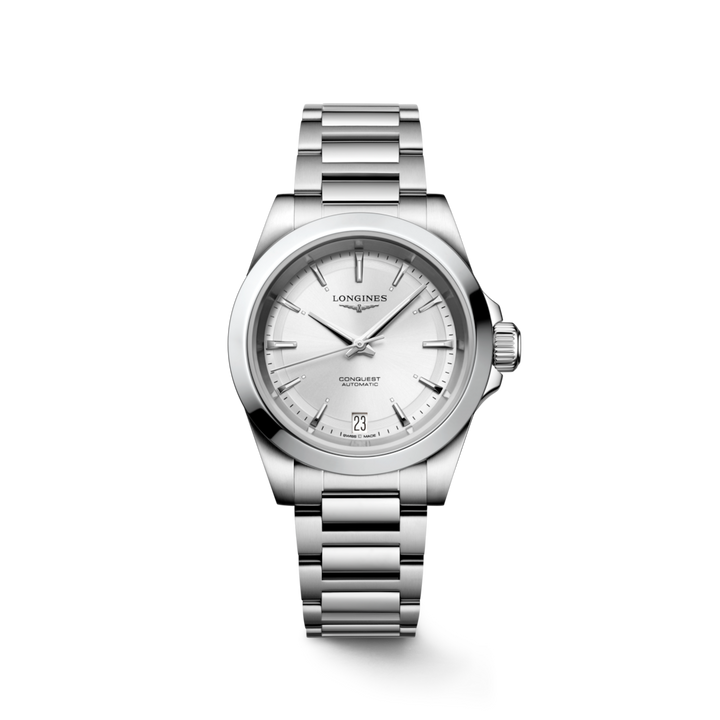 A Longines watch is displayed in the middle on a transparent background. The watch features a silver dial, silver hands and markers, a stainless steel bezel, and a stainless steel bracelet.