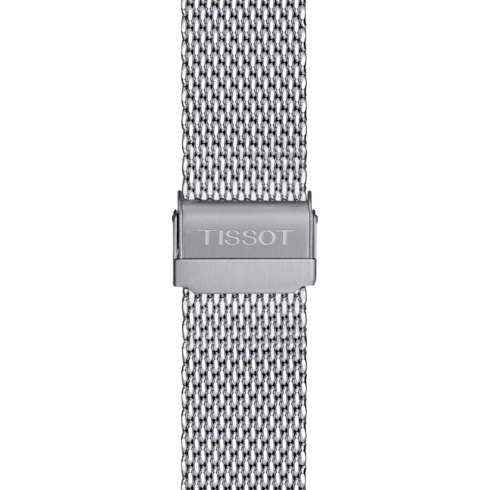 A close-up of the watch's stainless steel bracelet with the Tissot logo clasp in the middle against a transparent background