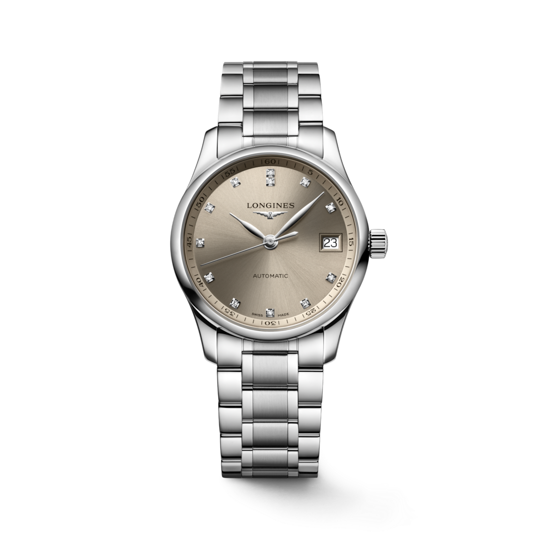 A Longines watch standing straight against a transparent background. The watch features a beige diamond-set dial, silver hands and markers, a stainless steel bezel, a crown on the right side, and a stainless steel bracelet.