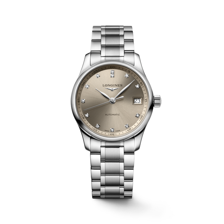 A Longines watch standing straight against a transparent background. The watch features a beige diamond-set dial, silver hands and markers, a stainless steel bezel, a crown on the right side, and a stainless steel bracelet.