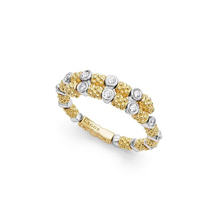 An 18K Gold ring in the middle of a white background featuring diamonds surrounded by 18k gold superfine Caviar beading in a wrap design.