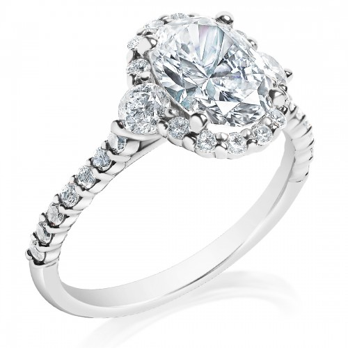 Halo Three Stone Shared Prong Engagement Ring