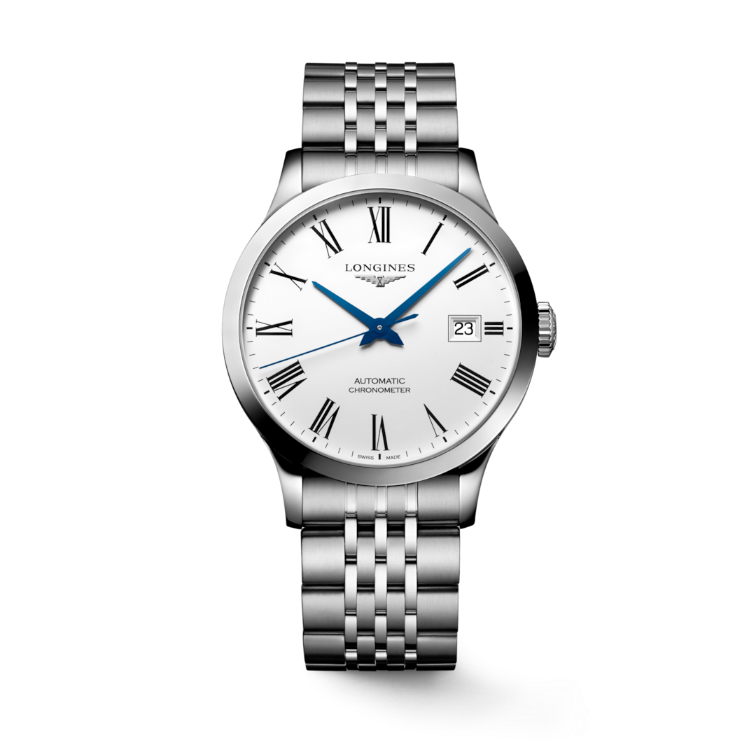 A Longines watch standing straight against a transparent background. The watch features a silver dial, black & blue hands and markers, a stainless steel bezel, a crown on the right side, and a brown leather strap.