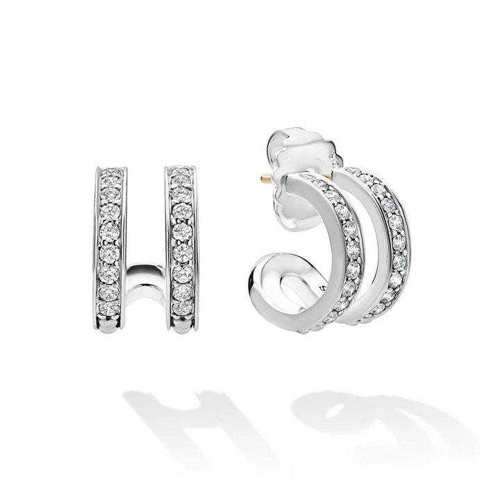Silver Linear Diamond Double Row Hoop Earrings