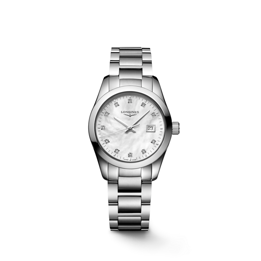 A Longines watch is displayed in the middle on a transparent background. The watch features a white mother-of-pearl diamond-set dial, silver hands and markers, a stainless steel bezel, and a stainless steel bracelet.