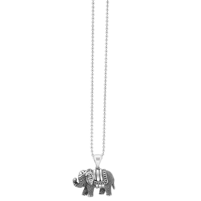 A sterling silver necklace in the middle of the white background featuring a elephant pendant on a ball chain