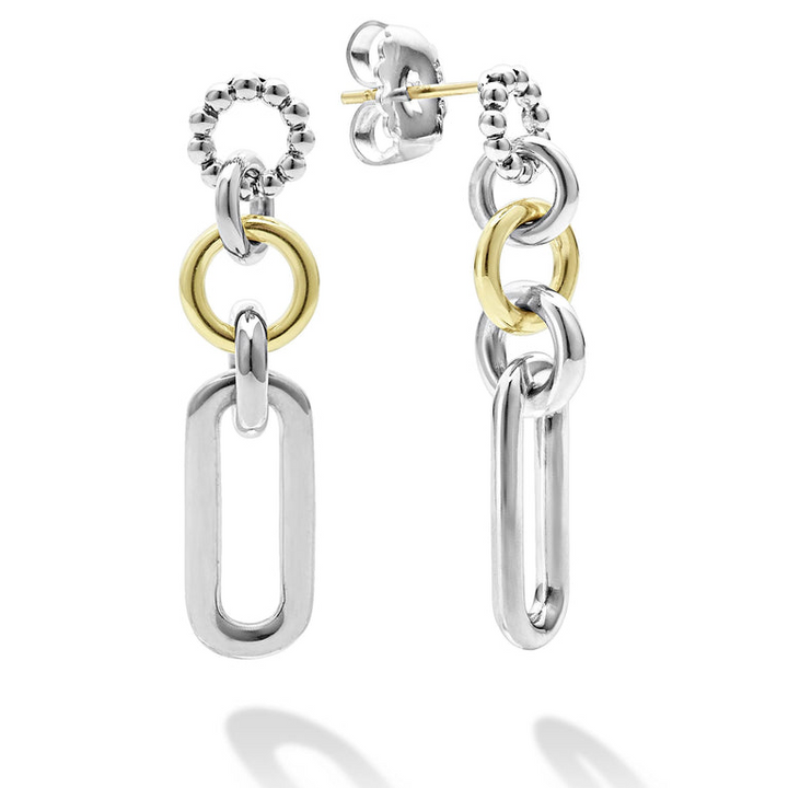 A pair of link drop earrings with Sterling silver & 18k gold variations of Caviar beading and fluting elements. The right earring is angled to the side, showing the back.