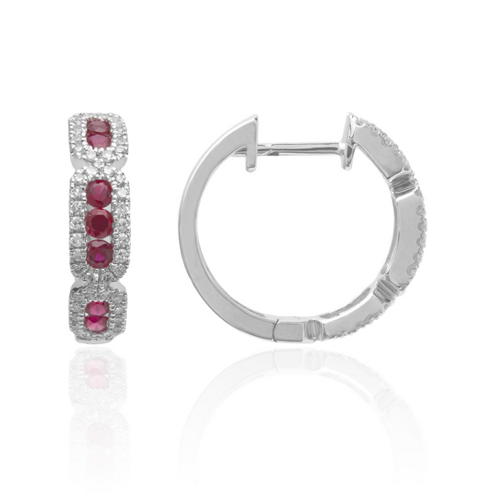 14k White Gold Hoop Earrings with stationed round ruby diamonds. The right earring is angled to the side.