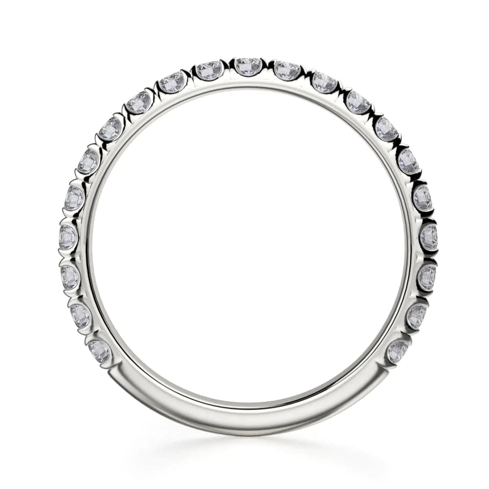 This is a side view of a white gold ring, showing the outside of the ring, the white gold band, and the continuous row of diamonds from the top.