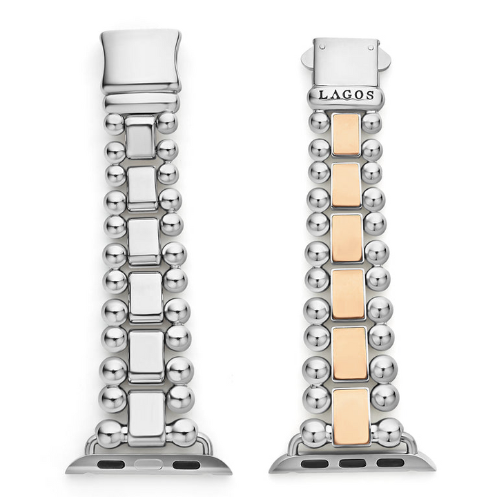 Two of the bands rest in the middle on a white background; the right band has an engraved LAGOS by the clasp and rose-gold links, and the left has stainless steel links with stainless steel beading.