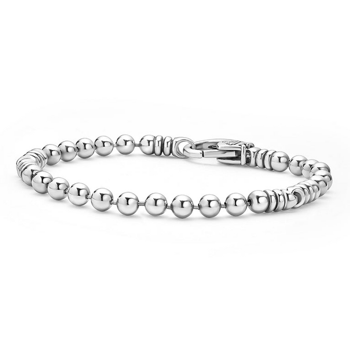 A sterling silver bracelet angled with Smooth sterling silver accented by Caviar beaded stations on a ball chain.