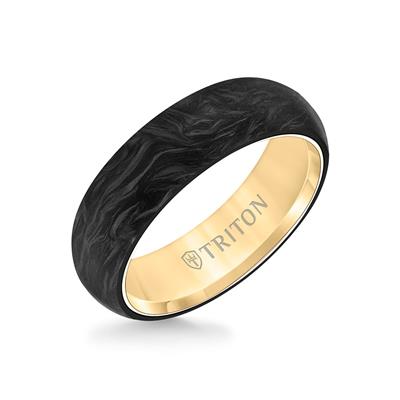 Tilted To The Right, the Carbon Flat Edge Men's Wedding Band is displayed on a white background. The ring features an internal gold lining and textured design