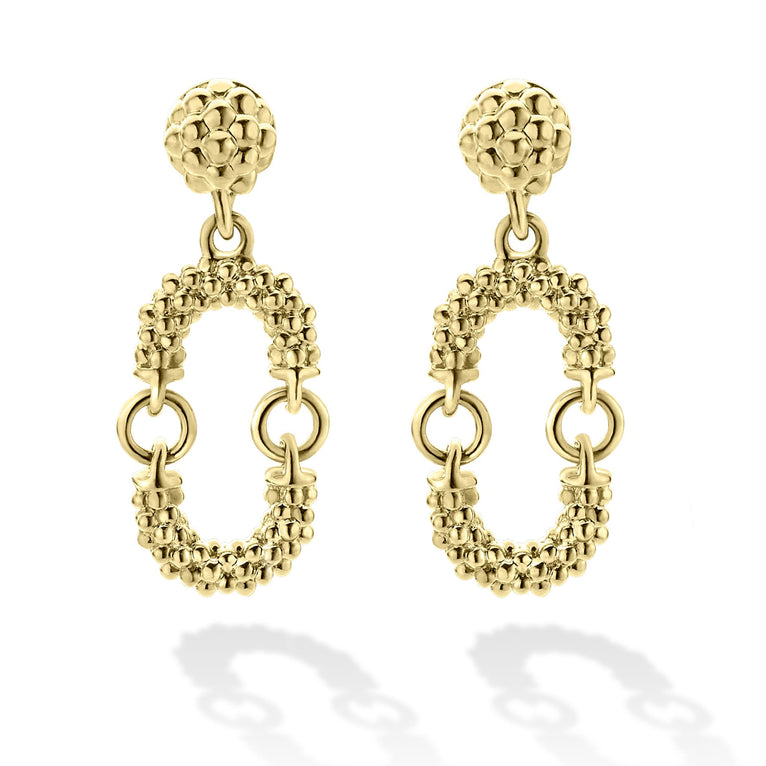 A pair of drop earrings with a link motif of 18K gold with superfine Caviar beads. 