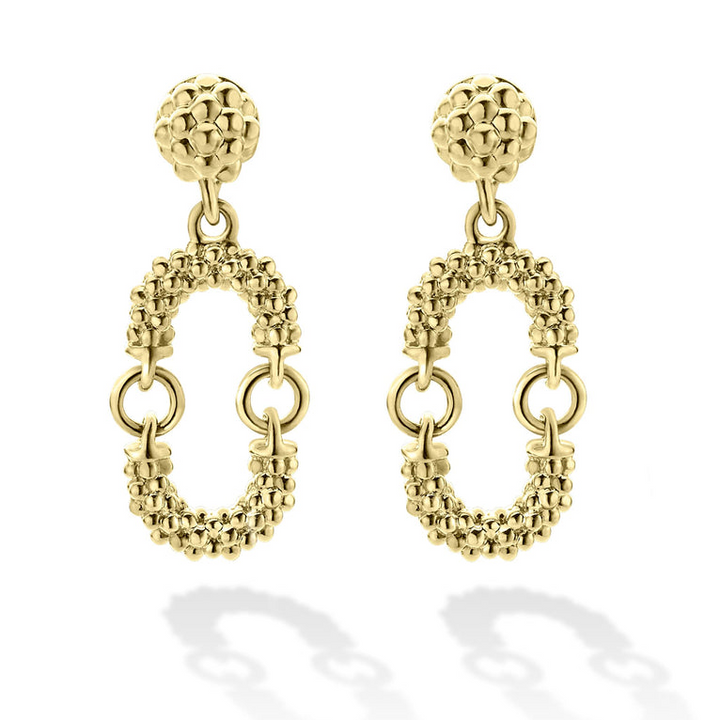 A pair of drop earrings with a link motif of 18K gold with superfine Caviar beads. 