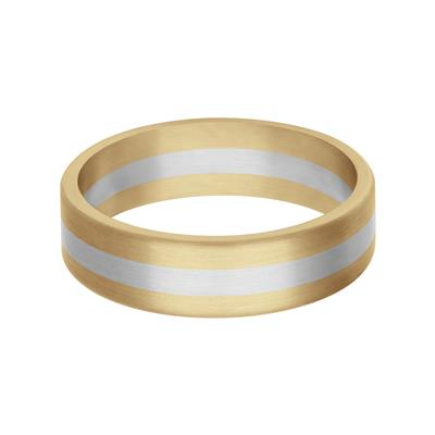 Yellow Gold & Platinum Men's Wedding Band lay flat on a white background. The ring features a middle Platinum stripe and two yellow-gold stripes at the top and bottom