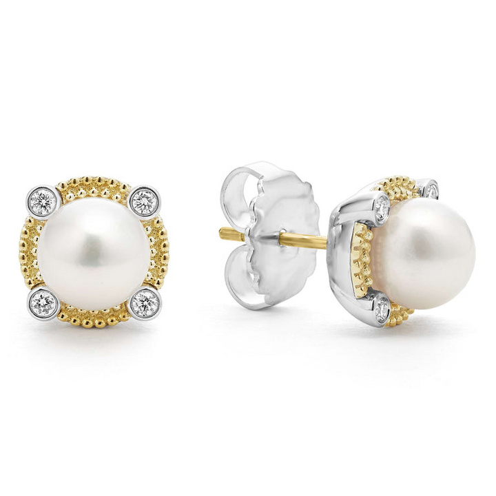 18K gold and sterling silver stud earrings with a freshwater cultured pearl accented by diamonds and caviar beading. The right earring is angled to the side, showing the back. 