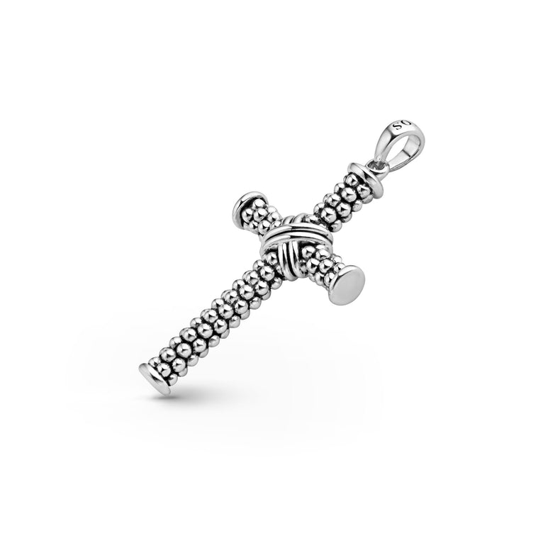 A Caviar Beaded X Cross Amulet featuring Smooth sterling silver Caviar beading is displayed in the middle of a white background.