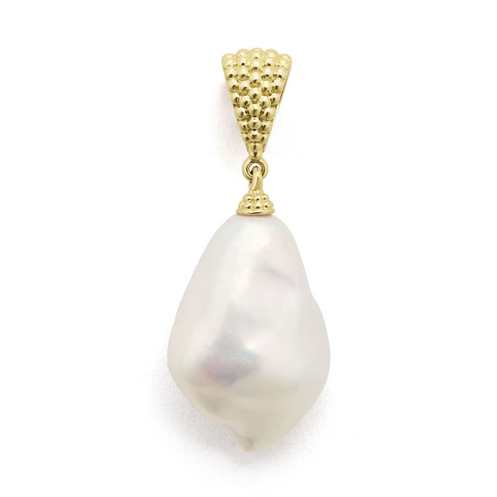 A 18k gold pendant in the middle of a white background featuring a freshwater pearl baroque pendant  