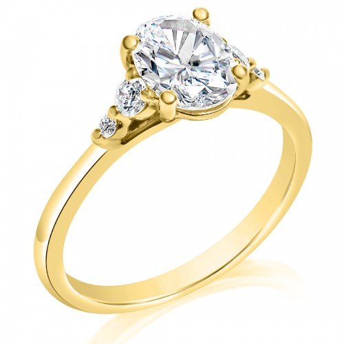 A close-up of the Five Stone Engagement Ring, made of yellow gold, angled to the right against a white background. It features an oval-cut diamond set in the center with round-shaped side stones. 