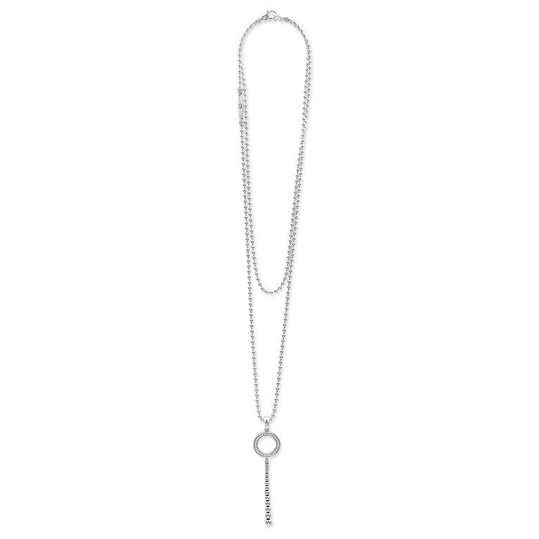 A sterling silver necklace featuring a diamond circle pendant with a Caviar beading accent displayed on a white background.