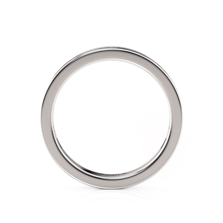 This is a side view of a white gold ring showing the outside of the ring and the white gold band.