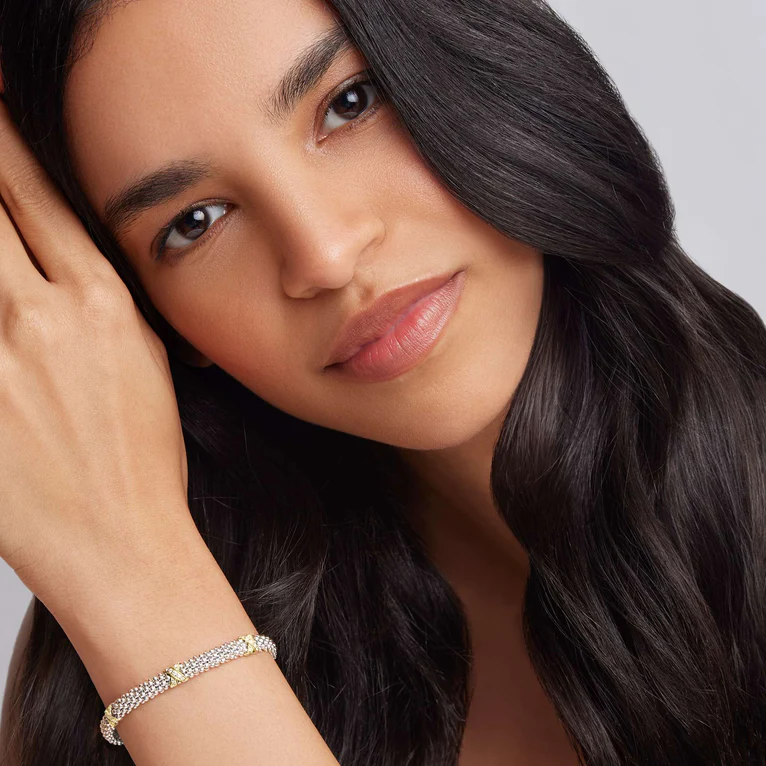 Three Station Gold X Diamond Caviar Bracelet