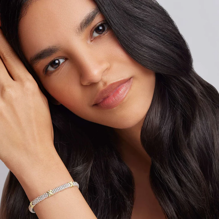 Three Station Gold X Diamond Caviar Bracelet