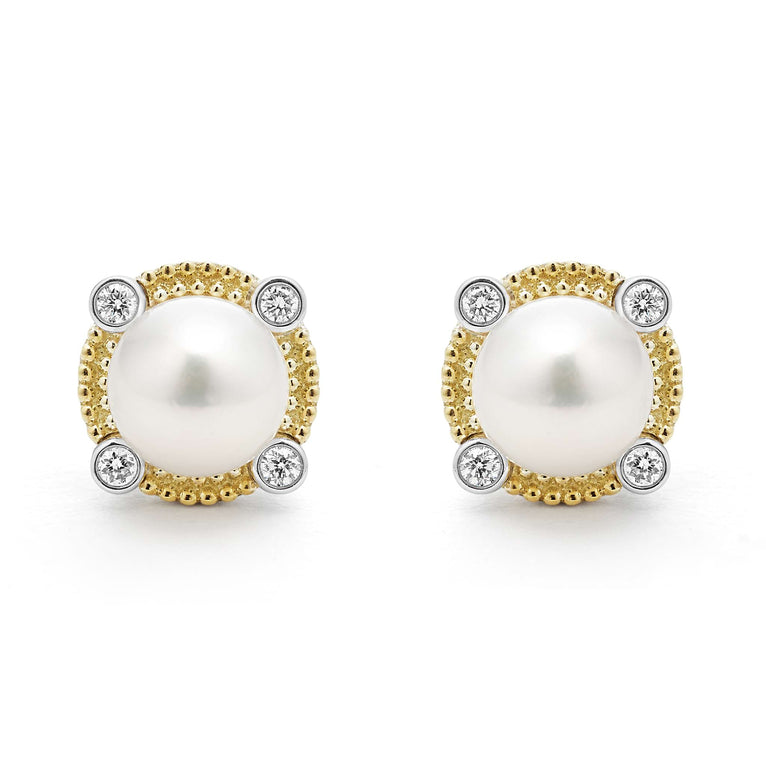 18K gold and sterling silver stud earrings with a freshwater cultured pearl accented by diamonds and caviar beading