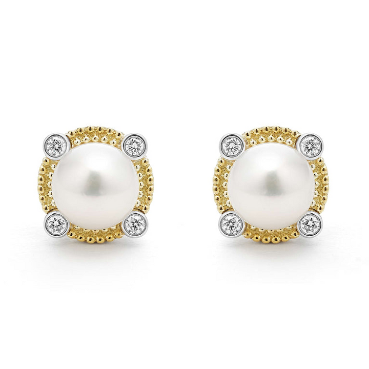 18K gold and sterling silver stud earrings with a freshwater cultured pearl accented by diamonds and caviar beading