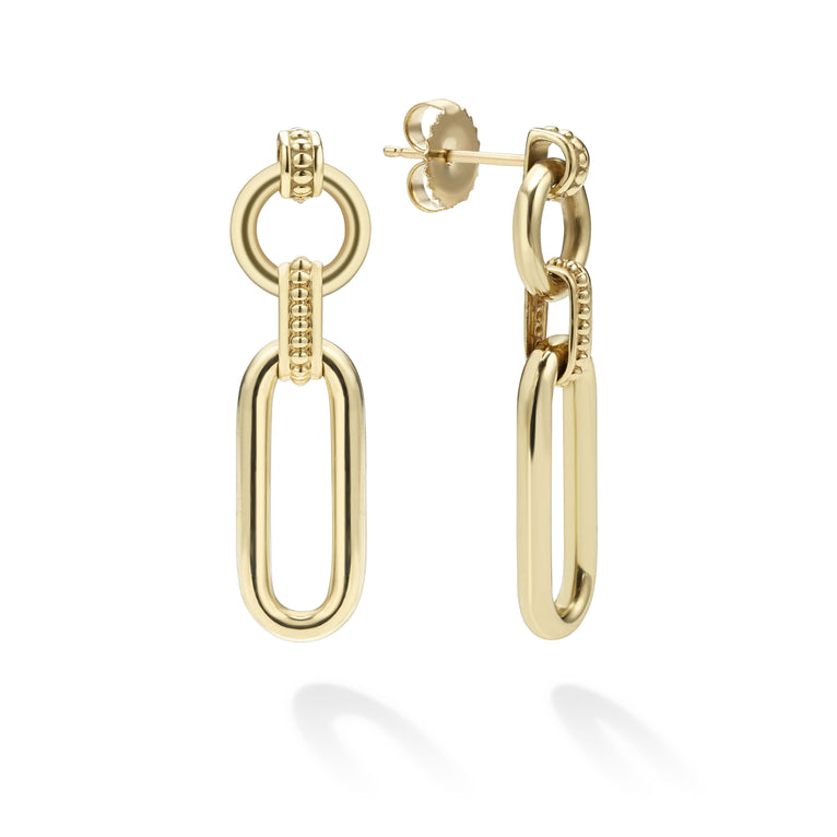 18K gold variations of Caviar beading & fluting elements link drop earrings. The right earring is angled, showing the back.