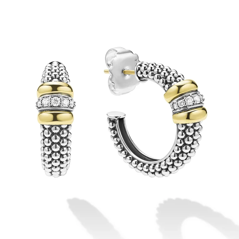 Two-Tone Caviar Beaded Diamond Hoop Earrings