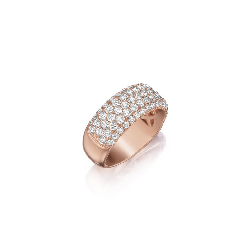 This is a close-up of a rose-gold ring angled to the right. It shows the inside of the band against a white background. It features a pave diamond-set wide band. 