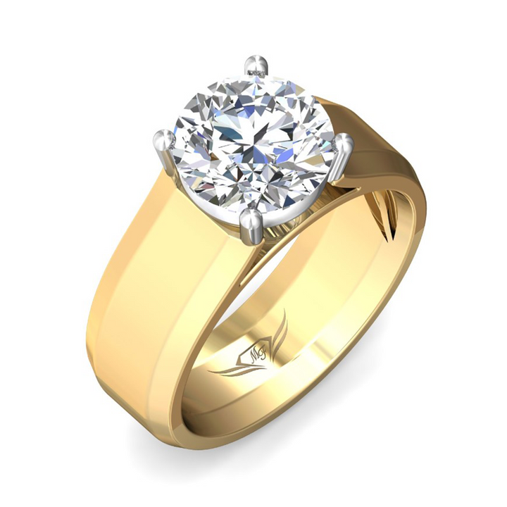 A close-up view of the Cigar Band Engagement Ring, made of yellow gold. The ring is angled against a white background to the right. t features a round-cut diamond set in the center with a wide, smooth cigar band. Showing the "Martin Flyer" inscription is visible inside the band.