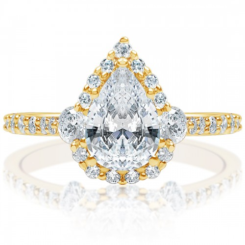 Halo Three Stone Shared Prong Engagement Ring