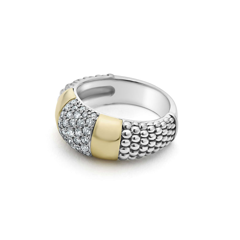 A side-view angled Sterling Silver & 18K Gold two-tone ring featuring smooth gold stations, caviar beading, and diamond-set stations.