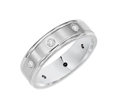 Tilted To The Right, White Gold Men's Wedding Band. 8 Stone Diamond, Round/Carved Edges