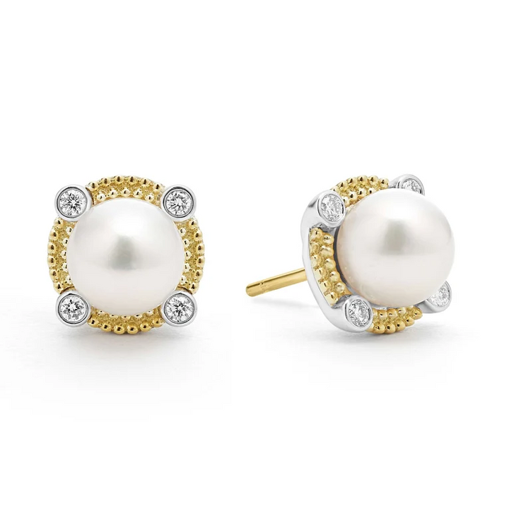 Two-Tone Pearl Diamond Stud Earrings