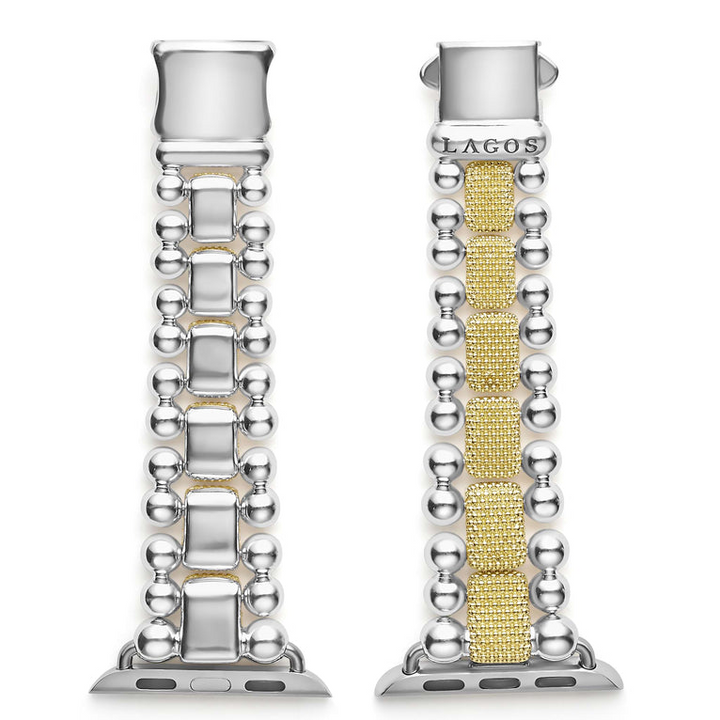 Two of the bands rest in the middle on a white background, the right band has an engraved LAGOS by the clasp. The watch bands feature 18K gold-stationed links and stainless steel beading around the links. 