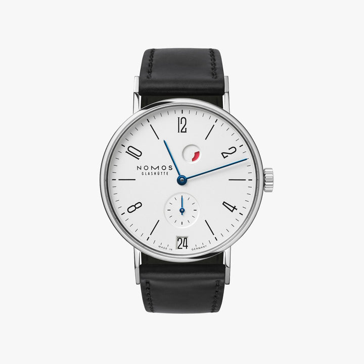 A Nomos Glashutte watch stands straight against a white background. It features a white dial, black & blue hands and markers, a stainless steel bezel, and a black leather strap.