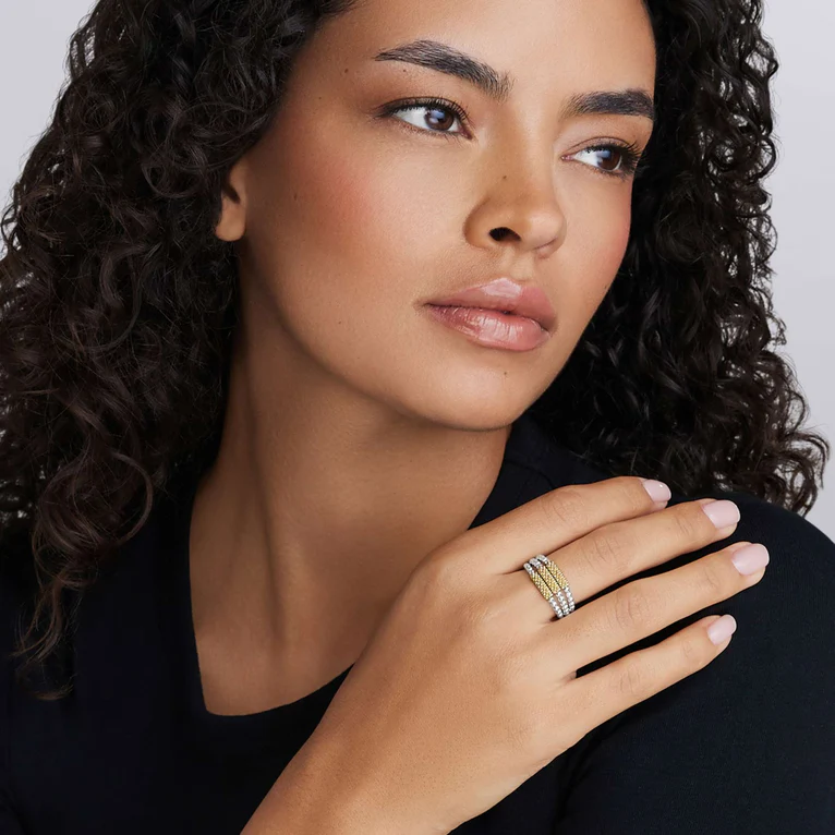 Two-Tone Caviar Three Row Ring