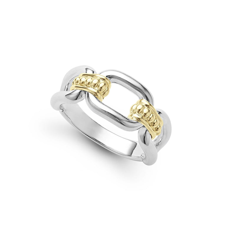 A sterling silver and 18k gold ring displayed angled in the middle of a white background featuring Sterling silver and18k gold variations of Caviar beading and fluting elements